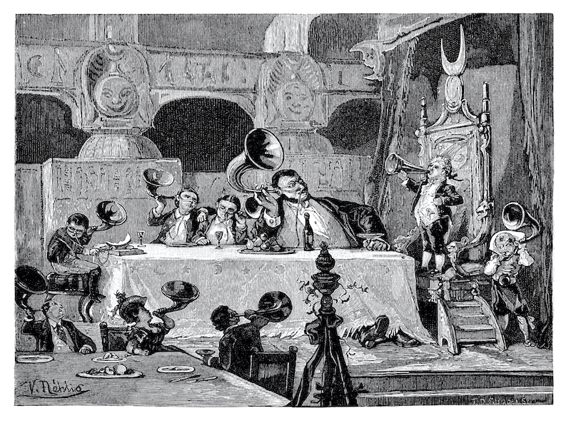 People using ear horns or, older types of hearing aid devices, during a party.